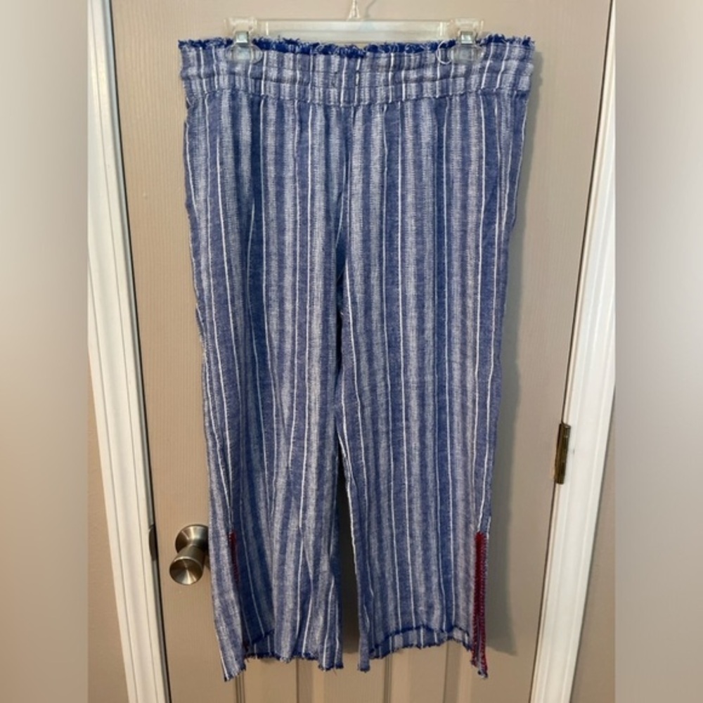 Blue Rein linen blend blue white striped slit leg elastic waist beach pants Sz L